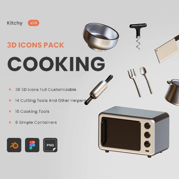 30款厨房炊具锅碗瓢盆3D图标合集 Kitchy - 3D Cooking ware Icons
