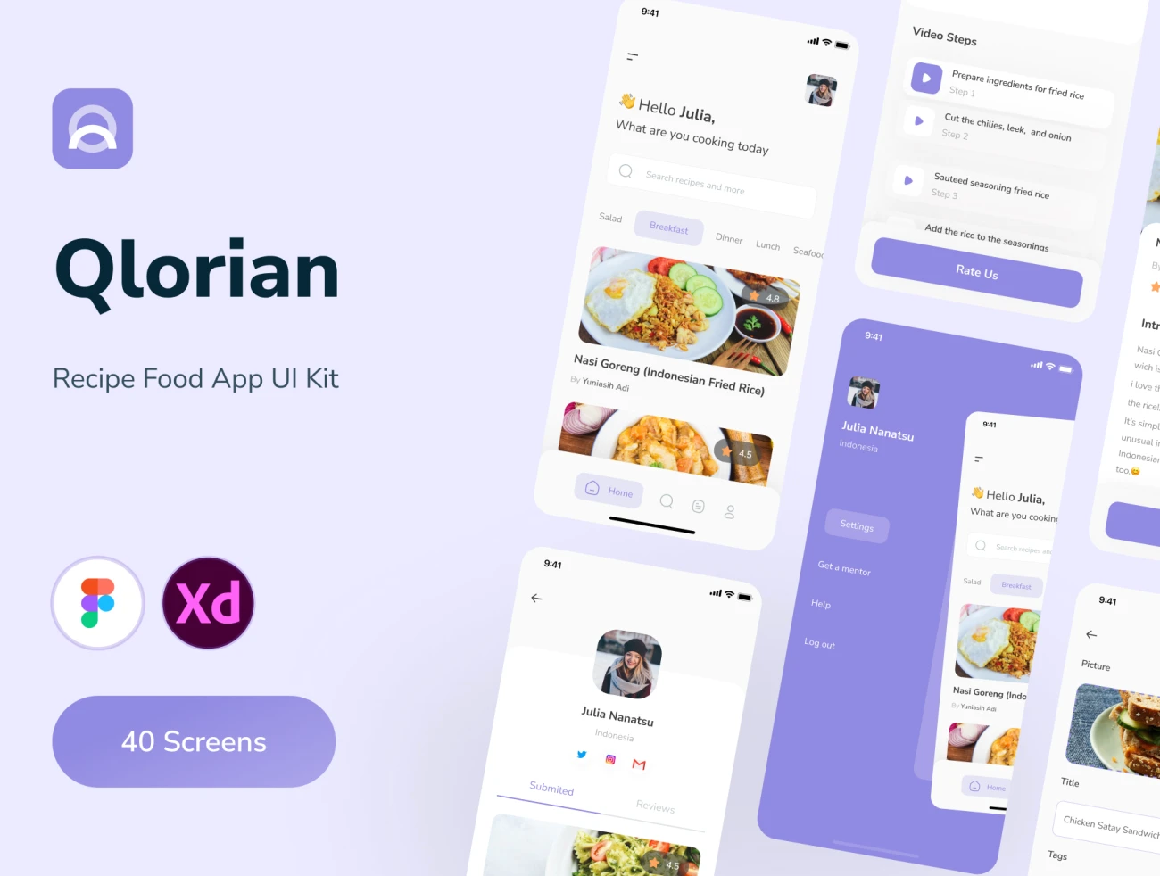 40屏在线食谱美食教程分享应用设计套件 Qlorian – Recipe Food App Ui Kit插图1