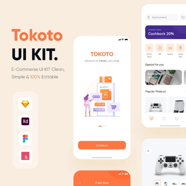 30屏简约电商网购应用UI设计模板 Tokoto - E-Commerce UI KIT