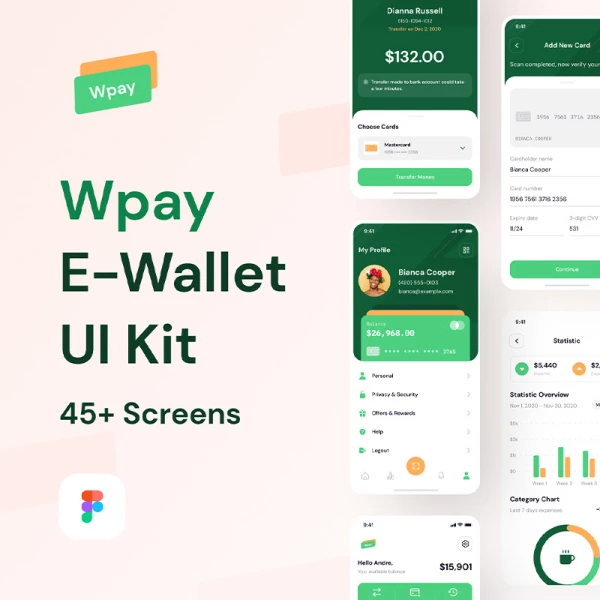 45屏电子钱包金融行业现代风格应用UI设计套件 Wpay App - Modern E-wallet App UI Design Kit