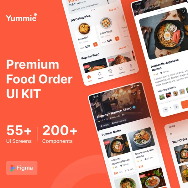 55屏高端美食点餐应用UI设计套件 Yummie Premium Food Order App UI Kit