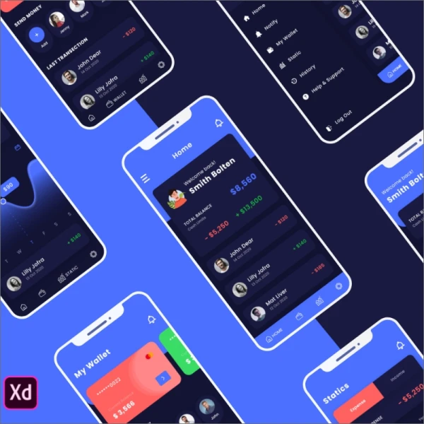 深色金融银行理财电子钱包应用UI设计素材 banking app ui kits dark theme