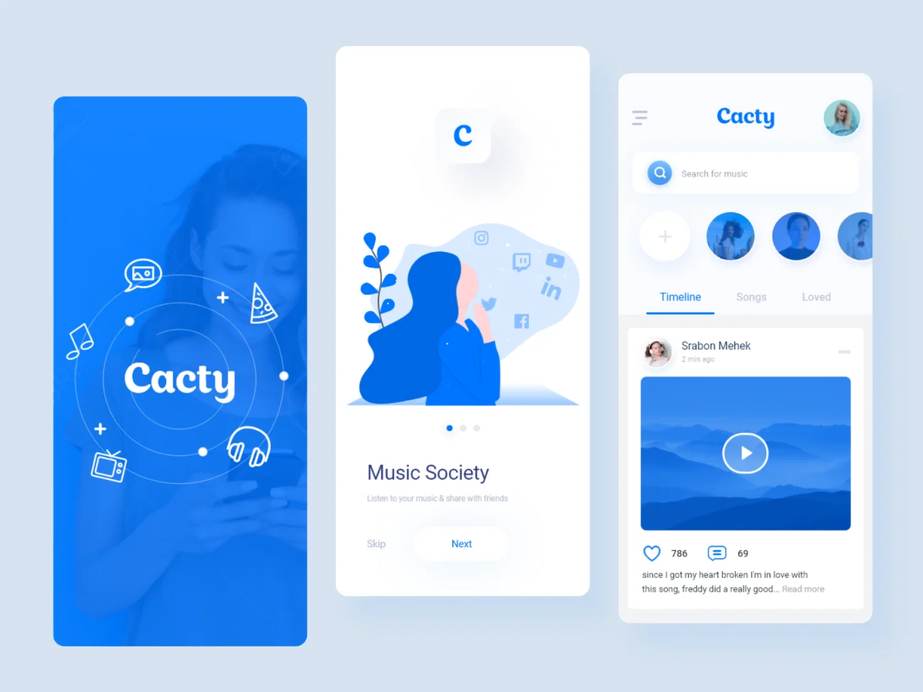 蓝色音乐社交应用UI设计素材 cacty social music app插图1