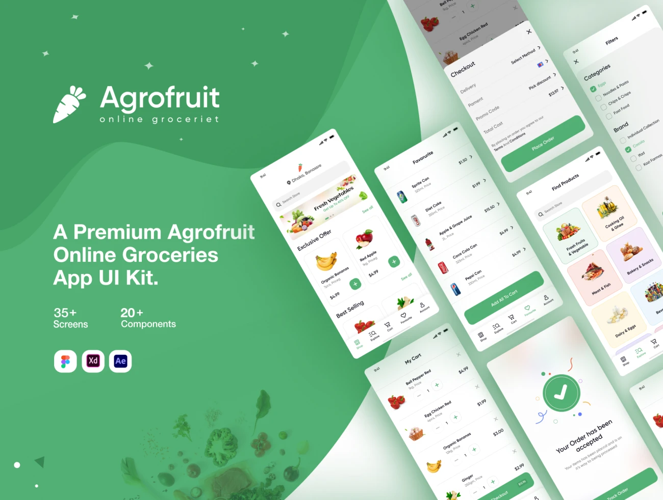 35屏水果蔬菜日用品在线超市应用UI设计套件 Agrofruit - Groceries App UI Kit-UI/UX、ui套件、主页、应用、支付、网购、详情-到位啦UI