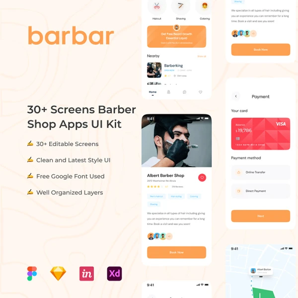 30屏美发沙龙会所应用小程序UI设计套件 Barbar - Barbershop UI KIT