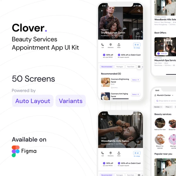 50屏美发沙龙美容spa护理应用UI设计模板 Clover Mobile app UI Kit