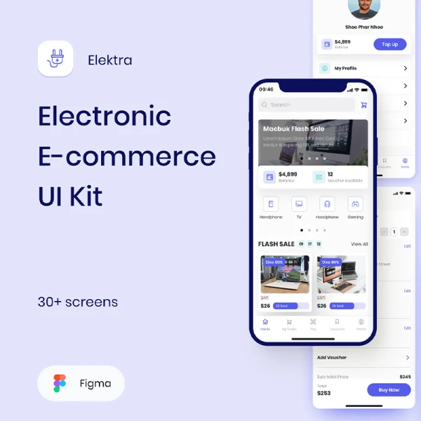 30屏在线电商平台手机应用设计套件 Elektra - Electronic E-commerce UI Kit