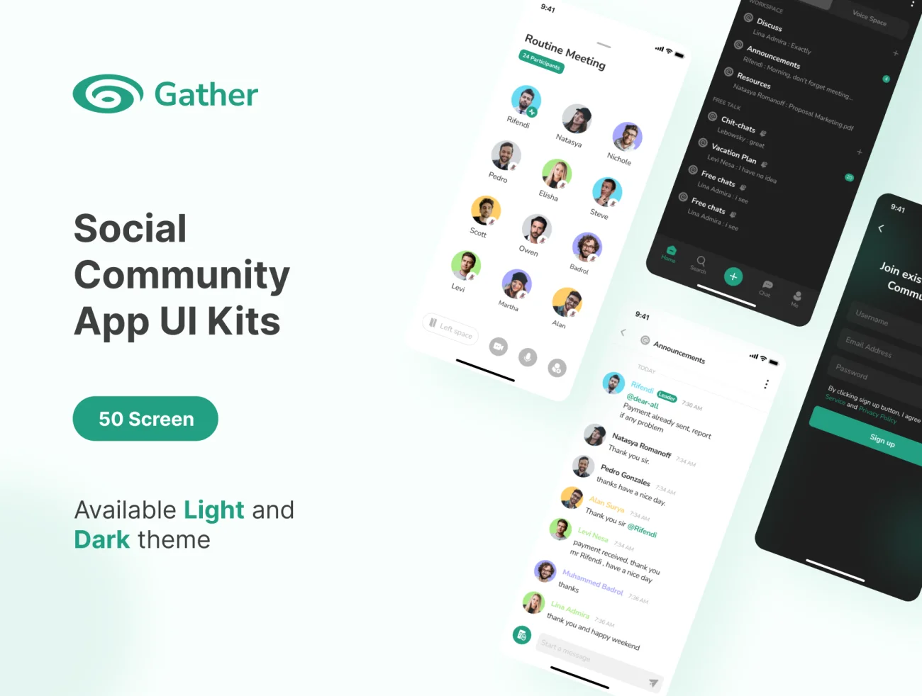 50屏语音聊天室音频社交应用UI设计套件 Gatherspace - community app ui kit-UI/UX、ui套件、主页、介绍、列表、应用、引导页、播放器、登录页、着陆页、表单、详情-到位啦UI