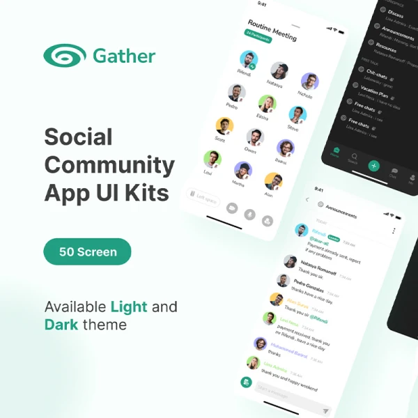 50屏语音聊天室音频社交应用UI设计套件 Gatherspace - community app ui kit