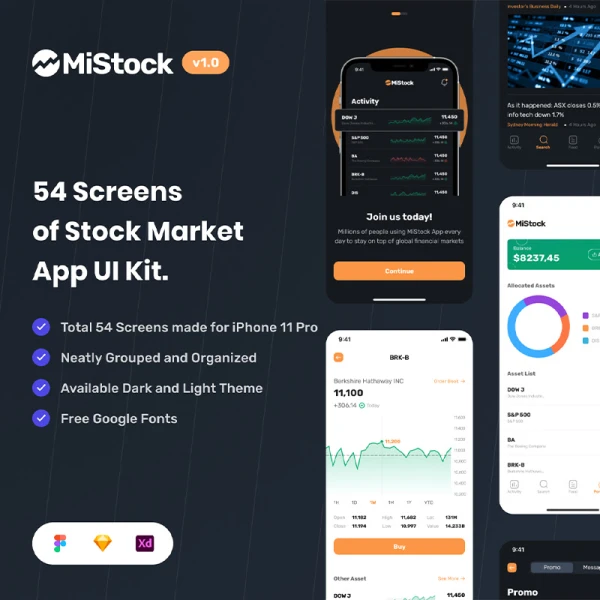 54屏完整的股票市场金融期货理财应用UI设计套件 MiStock - Stock Market and Finance App UI Kit