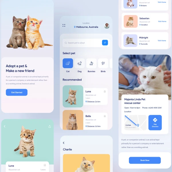 宠物护理商店应用设计套件 pet adoption mobile application design light version