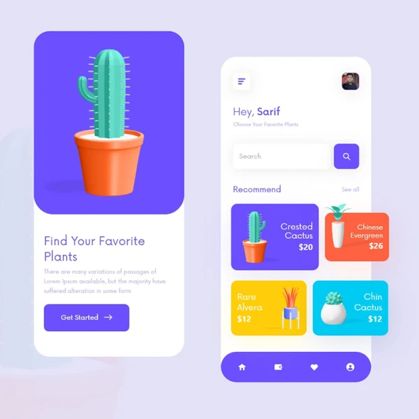 简约卡片风格植物养护网购应用UI模板 plants online shop app concept