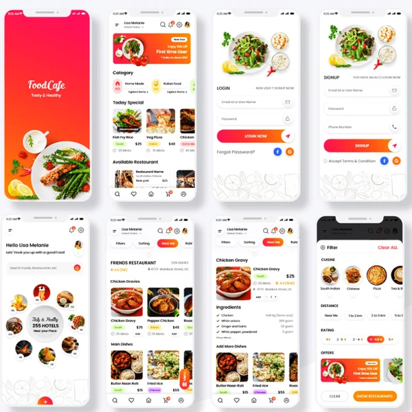 美食外卖矢量插画引导页UI设计模板 foodko food delivery app onboarding screens