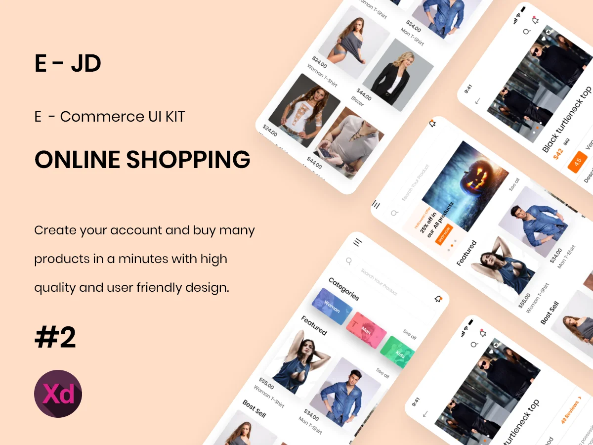 潮流服饰在线商店应用xd设计套件 e-commerce ui 2-UI/UX、ui套件、应用、支付、海报、网购、详情-到位啦UI