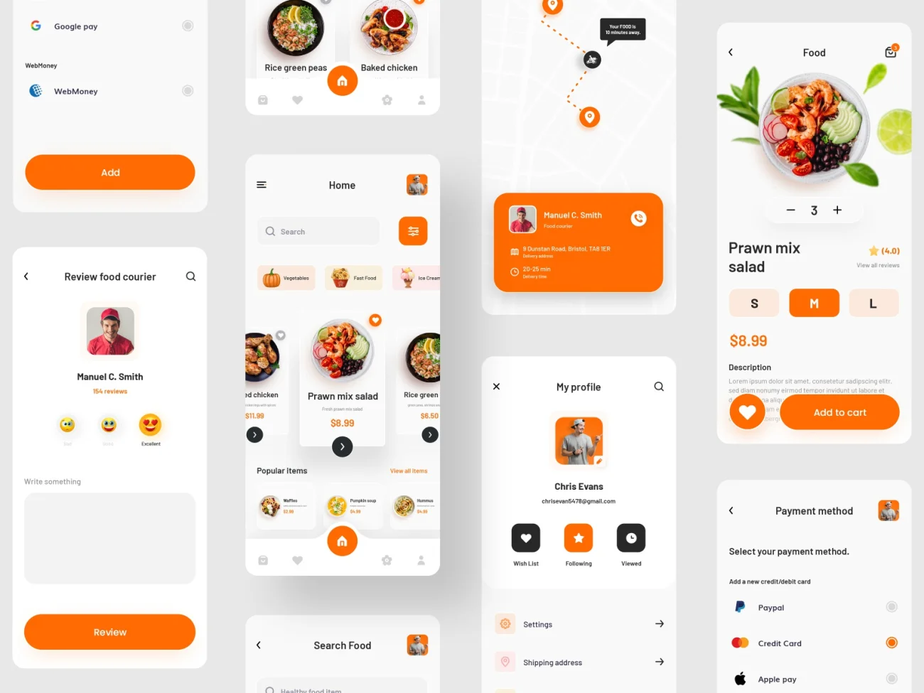 橙色简洁外卖点餐配送手机应用UI设计套件 eatko food delivery ui kit-UI/UX、ui套件、列表、应用、支付、网购、详情-到位啦UI