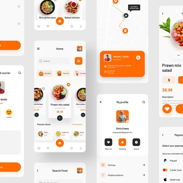 橙色简洁外卖点餐配送手机应用UI设计套件 eatko food delivery ui kit