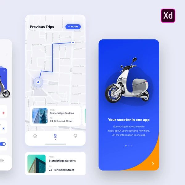 电瓶车电动脚踏车数据可视化仪表板UI设计套件 e-scooter dashboard mobile app free xd file