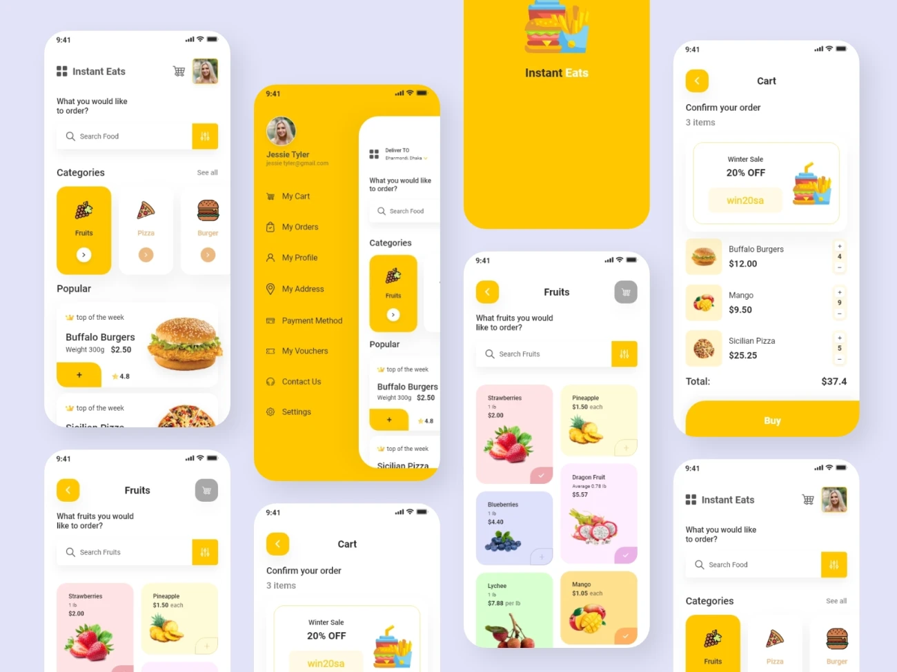 外卖食品蔬菜水果日用品采购应用UI设计模板 instant eats food delivery app-UI/UX、ui套件、主页、出行、卡片式、应用、引导页、着陆页-到位啦UI