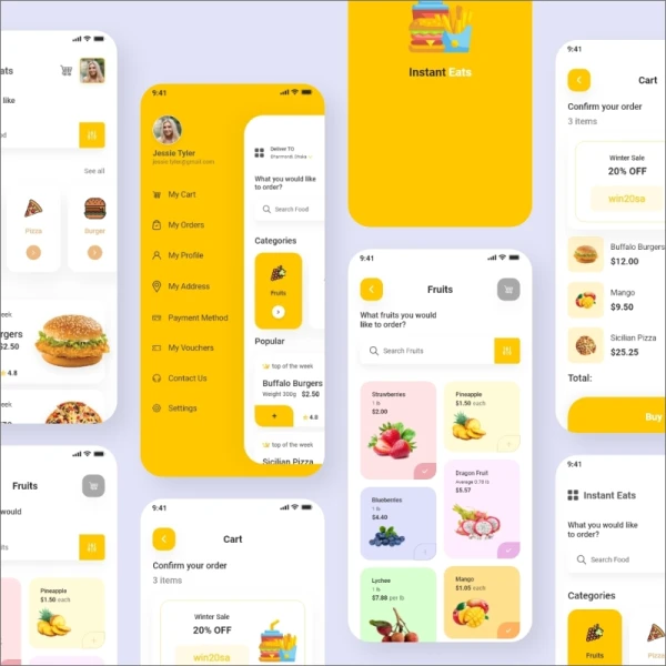 外卖食品蔬菜水果日用品采购应用UI设计模板 instant eats food delivery app