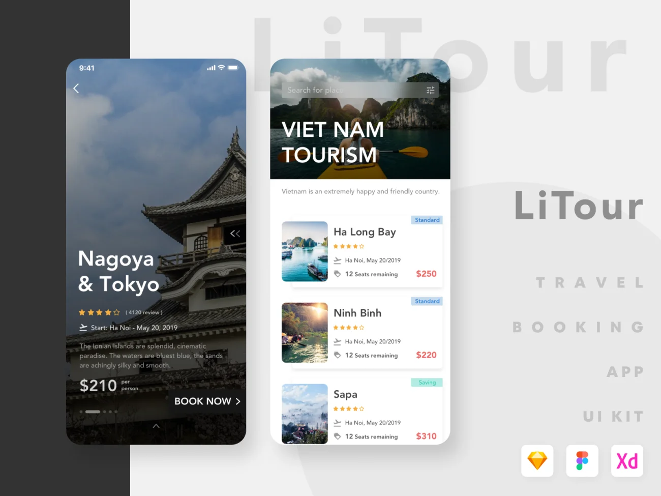 旅游景点门票预订应用ui kit litour travel booking app ui kit 4-UI/UX、ui套件、主页、出行、卡片式、应用、引导页、着陆页-到位啦UI