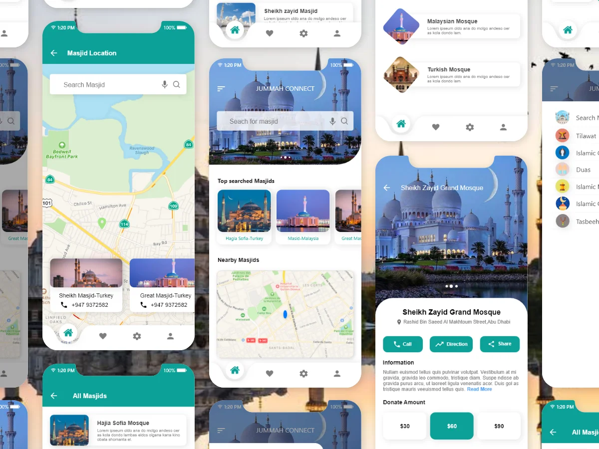 发现清真寺应用UI设计 masjid app design-UI/UX、ui套件、主页、出行、卡片式、应用、引导页、着陆页-到位啦UI
