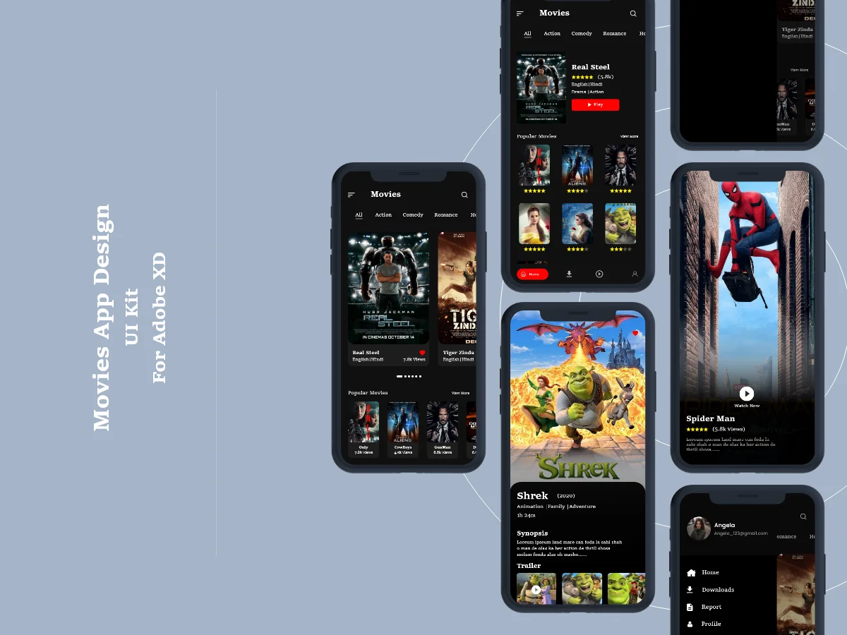 电影应用UI设计套件 movies app design-UI/UX、ui套件、主页、出行、卡片式、应用、引导页、着陆页-到位啦UI