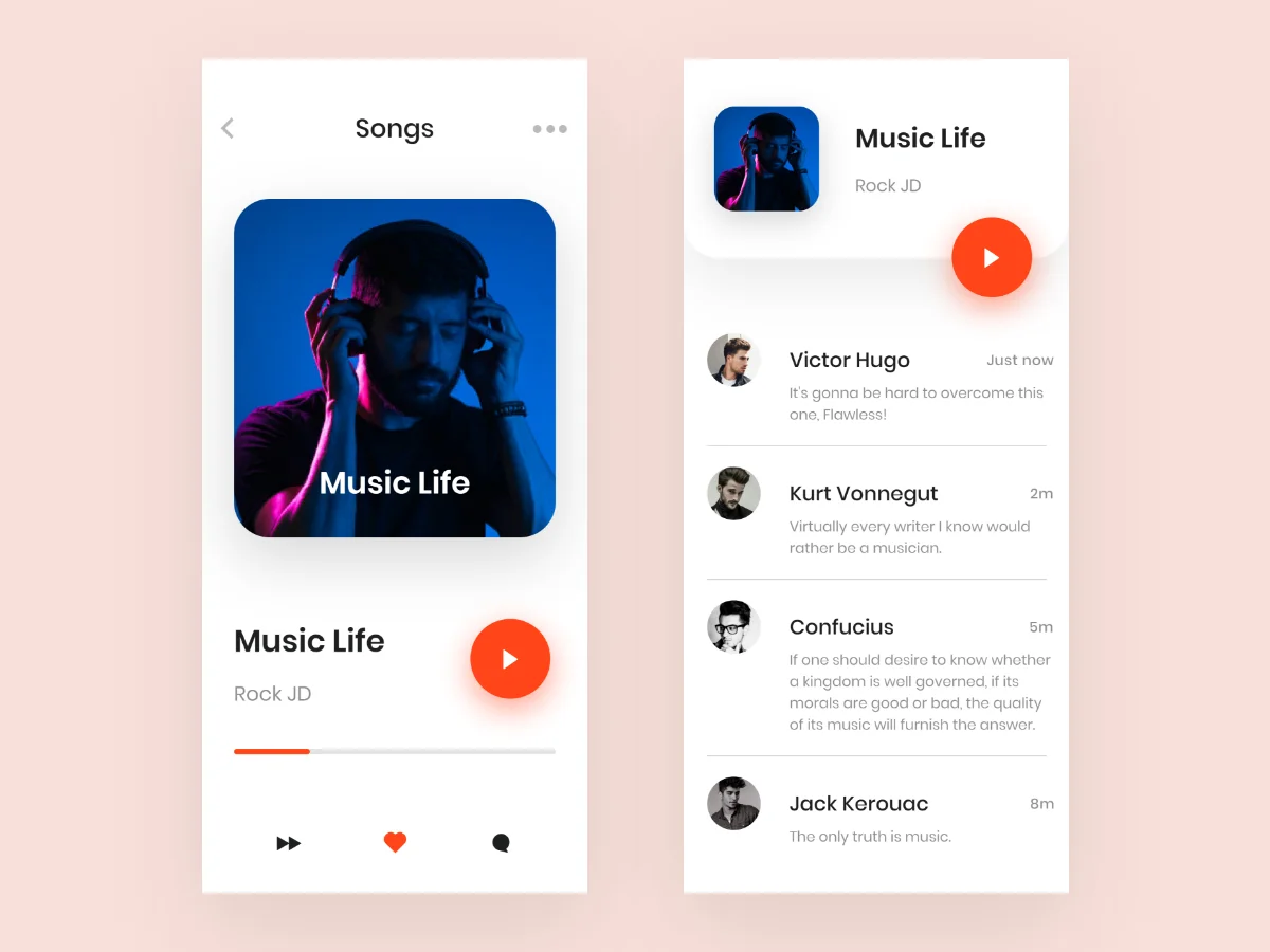 简约音乐播放器应用UI设计模板 music app ui-UI/UX、ui套件、主页、出行、卡片式、应用、引导页、着陆页-到位啦UI