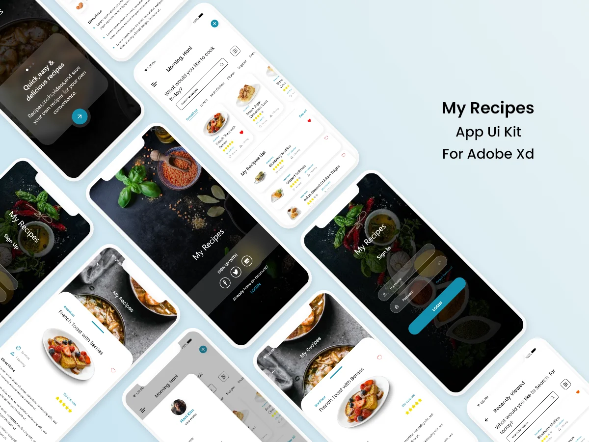 美食烹饪食谱分享应用设计模板 my recipes app design-UI/UX、ui套件、主页、出行、卡片式、应用、引导页、着陆页-到位啦UI