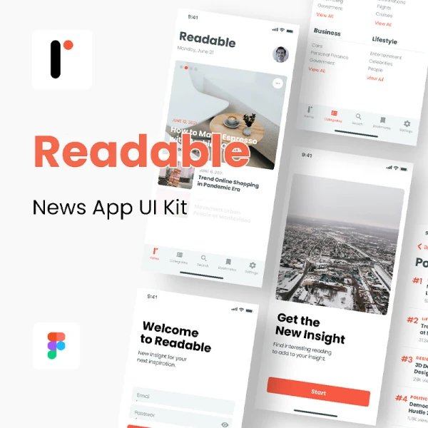 40屏新闻应用UI设计套件注重阅读体验优化 Readable - News App UI Kit