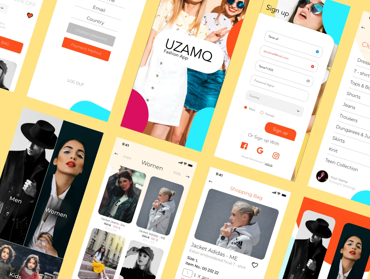 潮流时尚电商服饰网购应用设计套件 UZAMQ Ui Fashion App-UI/UX、ui套件、付款、应用、支付、注册、海报、登录页、社交购物、网购-到位啦UI
