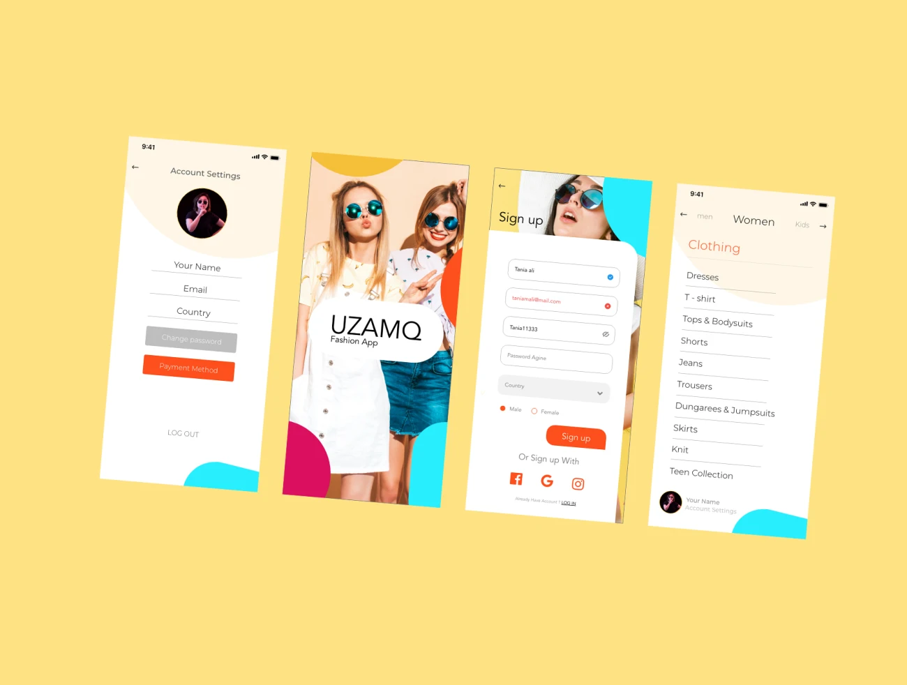 潮流时尚电商服饰网购应用设计套件 UZAMQ Ui Fashion App-UI/UX、ui套件、付款、应用、支付、注册、海报、登录页、社交购物、网购-到位啦UI