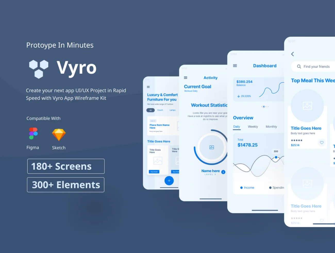 180屏300元素组件手机应用线框套件 Vyro App Wireframe Kit-UI/UX、ui套件、应用、登录页-到位啦UI
