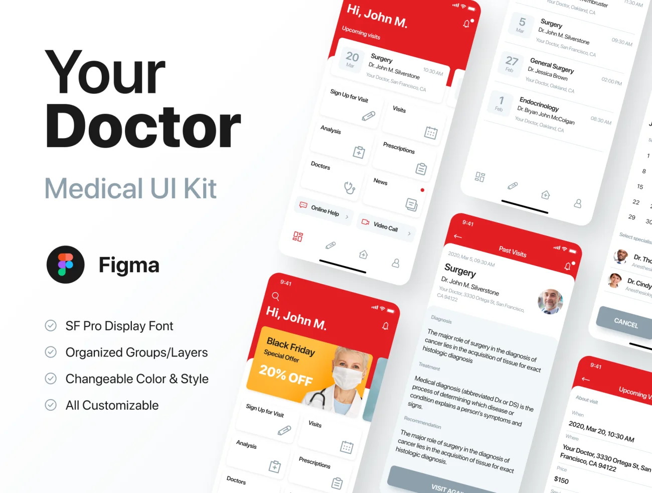 50屏现代简约医疗健康在线就诊应用设计套件 Your Doctor UI Kit-UI/UX、ui套件、列表、卡片式、应用、教育医疗、日历、登录页、表单、预订-到位啦UI