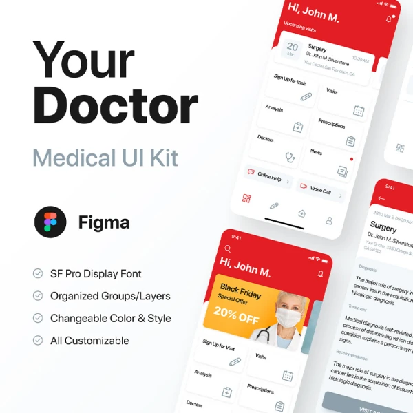 50屏现代简约医疗健康在线就诊应用设计套件 Your Doctor UI Kit