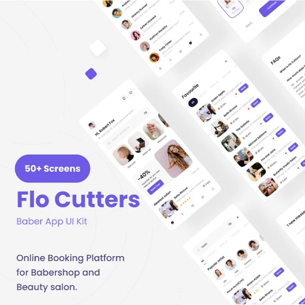 50屏美容美发沙龙预约应用全套UI设计套件 Flo Cutters - Baber App UI KIT