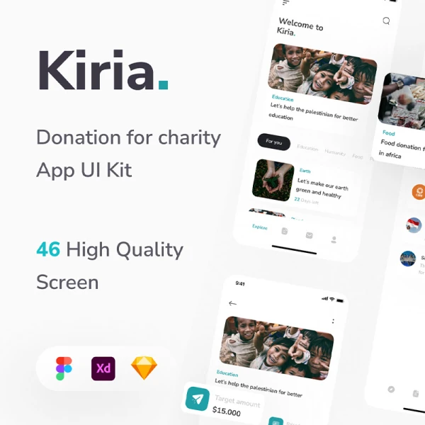 46屏完整慈善捐赠爱心公益应用UI设计套件 Kiria - Donation for charity App UI Kit