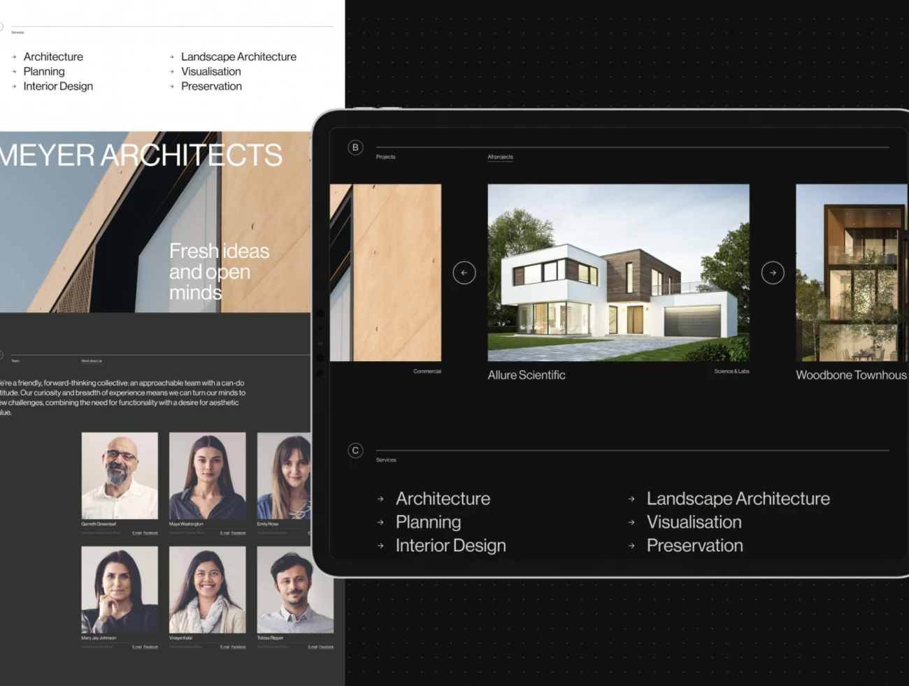 奢华时尚典雅建筑网站应用设计模板 Meyer Architects — Architecture Figma Template-UI/UX、ui套件、主页、介绍、出行、博客、卡片式、应用、引导页、着陆页、网站-到位啦UI