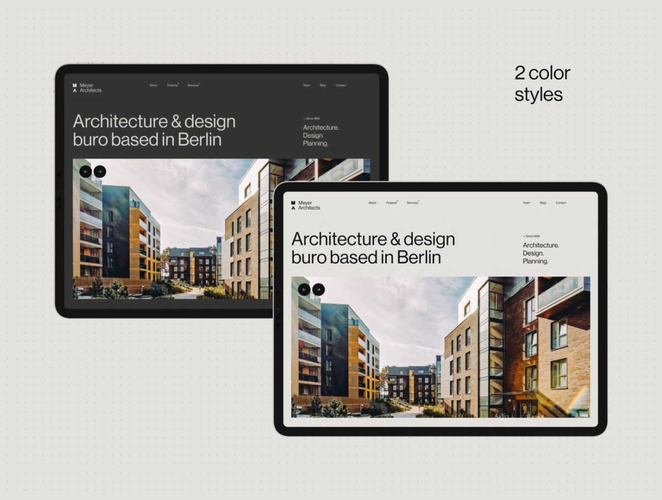 奢华时尚典雅建筑网站应用设计模板 Meyer Architects — Architecture Figma Template-UI/UX、ui套件、主页、介绍、出行、博客、卡片式、应用、引导页、着陆页、网站-到位啦UI