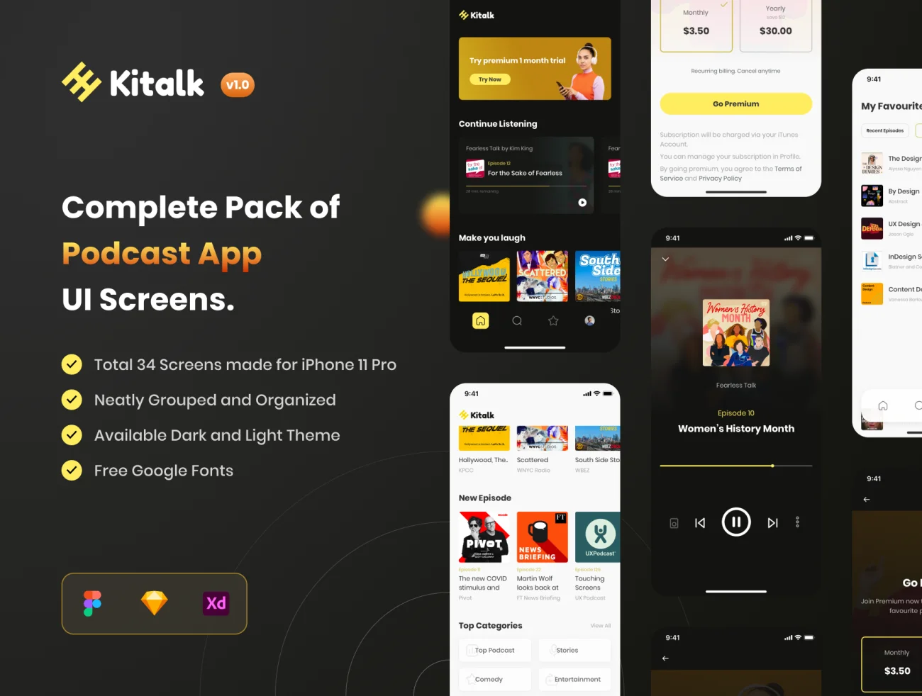 34屏完整版podcast网络播客应用UI设计套件包 Kitalk – Podcast App UI Kit插图1