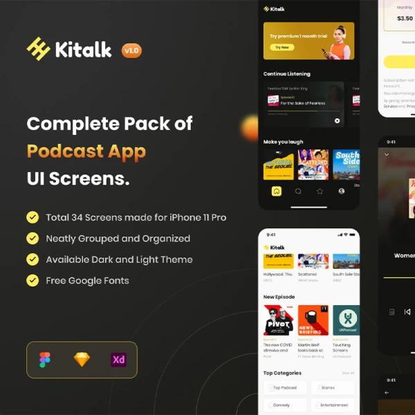 34屏完整版podcast网络播客应用UI设计套件包 Kitalk - Podcast App UI Kit