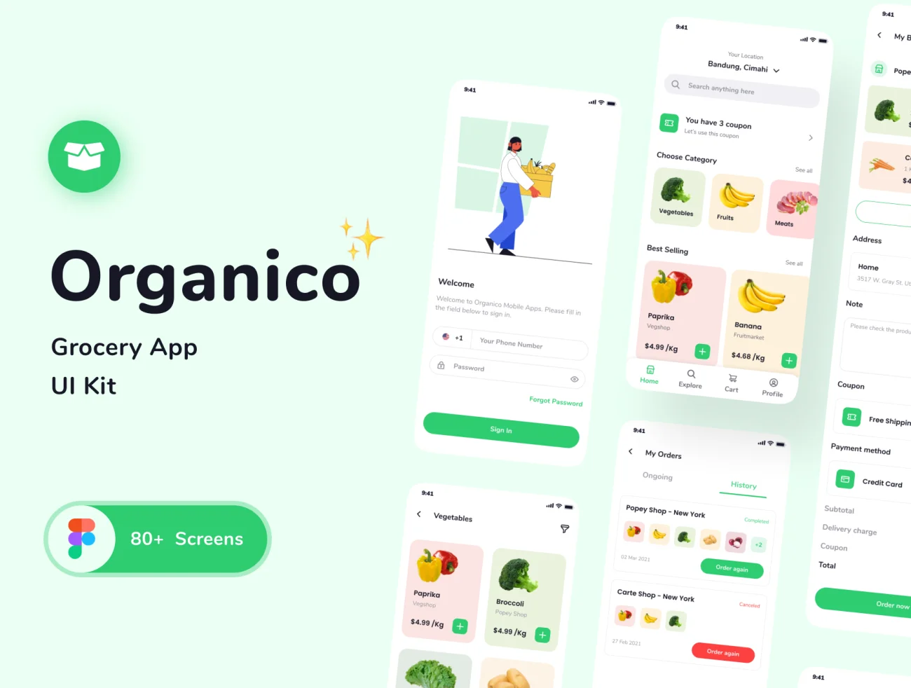 80屏日用品生鲜蔬菜水果百货采购应用UI设计套件 Organico Grocery App UI KIT插图1