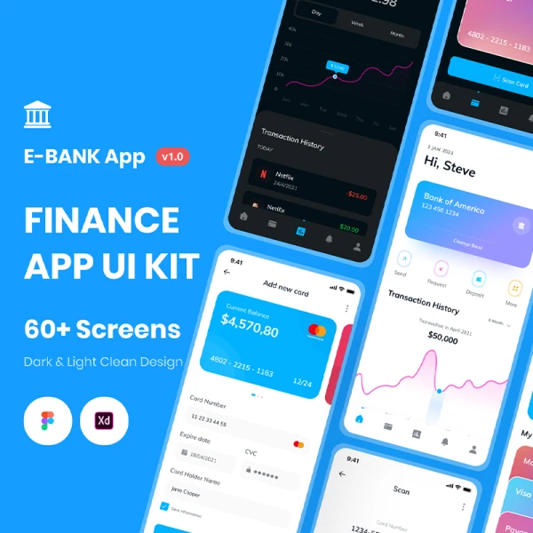 60屏金融理财电子钱包ios应用UI设计套件 E-Bank - Finanace App UI Kit