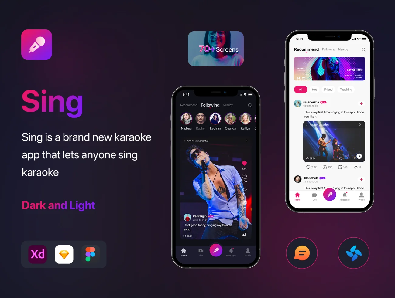70屏高端音乐社交KTV唱歌应用UI设计套件 Social Karaoke Singing Mobile App插图1