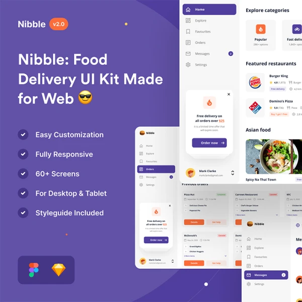web端食品外卖配送UI界面设计工具包 Nibble Food Delivery Web UI Kit
