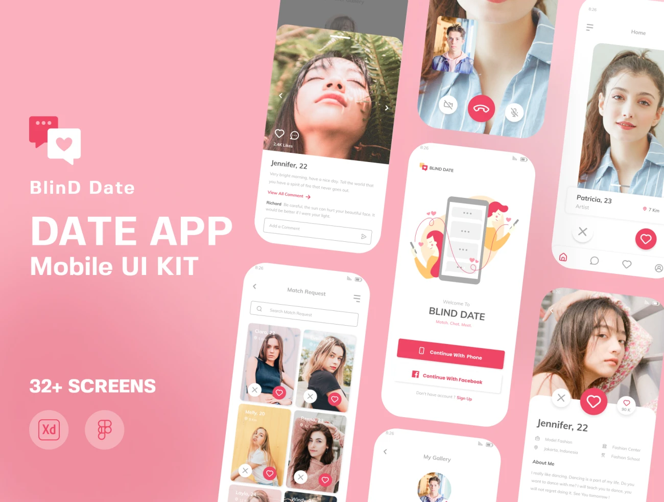 32屏约会交友陌生人社交应用设计套件 Date App – Mobile UI Kit插图1