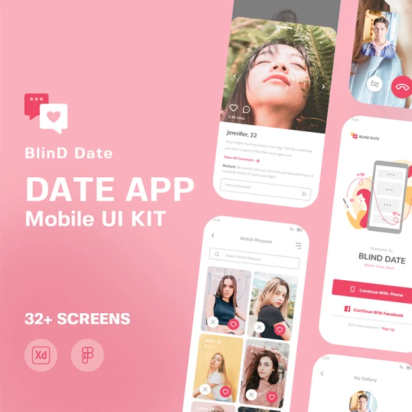 32屏约会交友陌生人社交应用设计套件 Date App - Mobile UI Kit