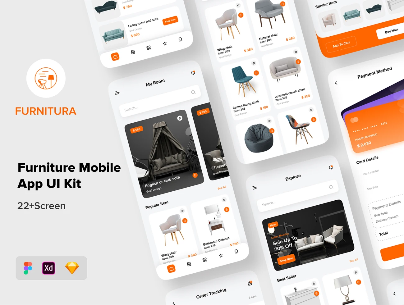 22屏家具商店简约创意应用Ui设计套件 FURNITURA – Furniture Mobile App UI Kit插图1