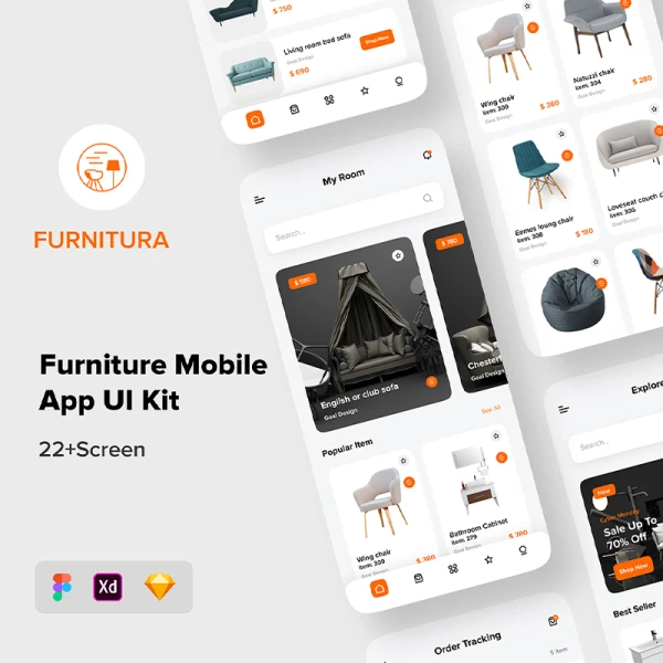 22屏家具商店简约创意应用Ui设计套件 FURNITURA - Furniture Mobile App UI Kit