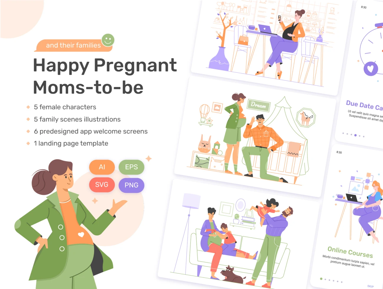 怀孕准妈妈孕妇生活场景引导页落地页插画 Happy Moms-to-be插图1