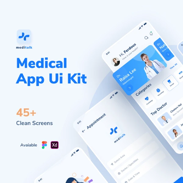 45屏蓝色简约医疗顾问iOS应用UI套件 MediTalk-Medical App UI Kit